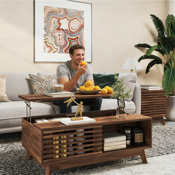 Lift Top Coffee Table with Storage & Sliding Door – Walnut Brown