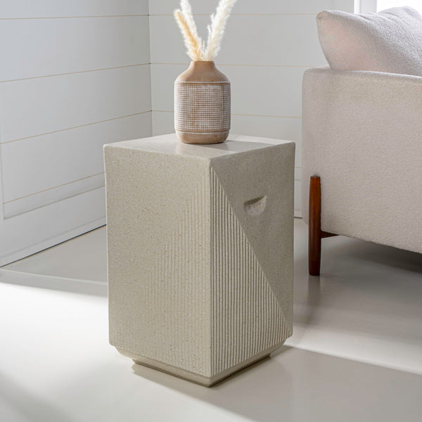 Polyresin Outdoor Side Table – Geometric Fluted Accent Table