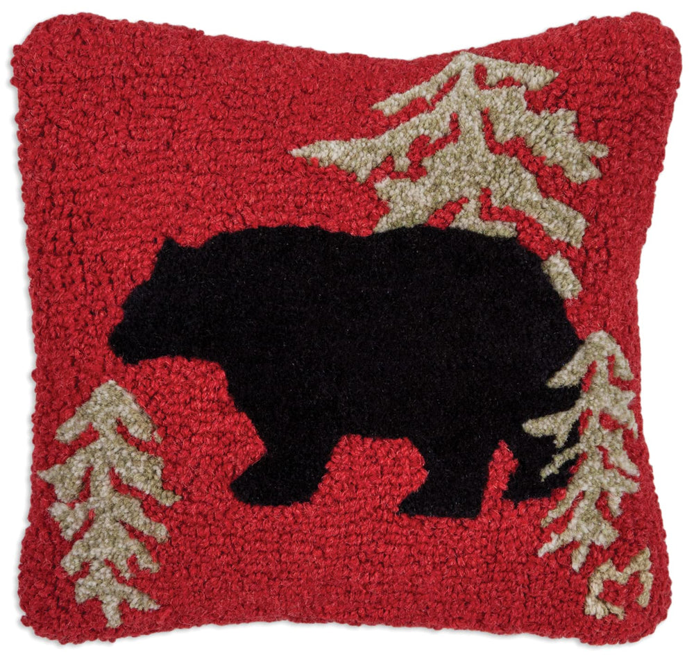 Hand-Hooked Wool Throw Pillow 14x14 – Red Wandering Bear