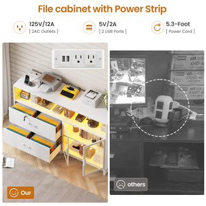 59" File Cabinet with 2 Lockable Drawers, Power Outlets & LED Lights