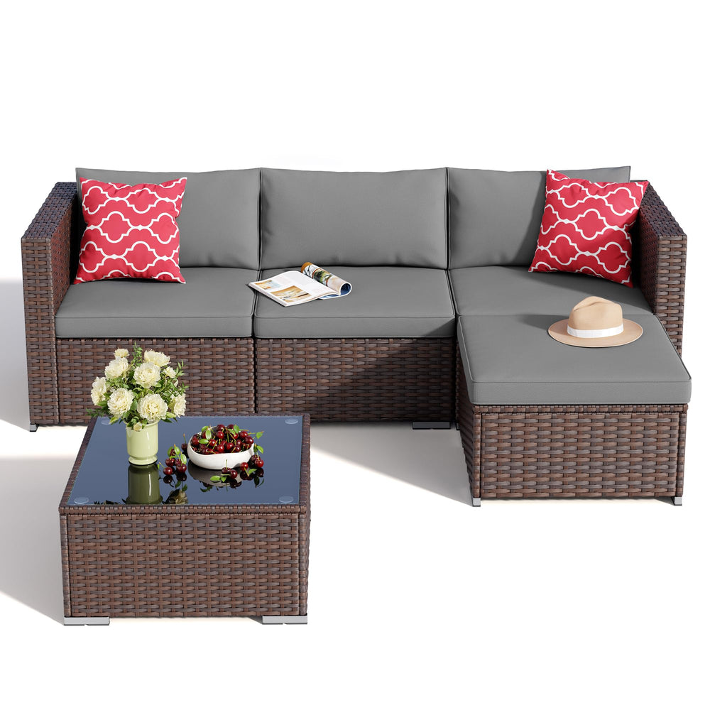 5-Piece Outdoor Wicker Sectional Patio Set with Cushions & Glass Table