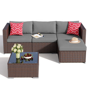 5-Piece Outdoor Wicker Sectional Patio Set with Cushions & Glass Table