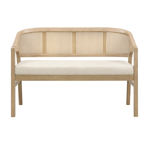 Upholstered Loveseat Sofa with Cane Backrest & Rubberwood Frame