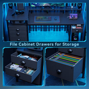 60-Inch Computer Desk with LED Lights, USB Charging, File Cabinet & Monitor Stand
