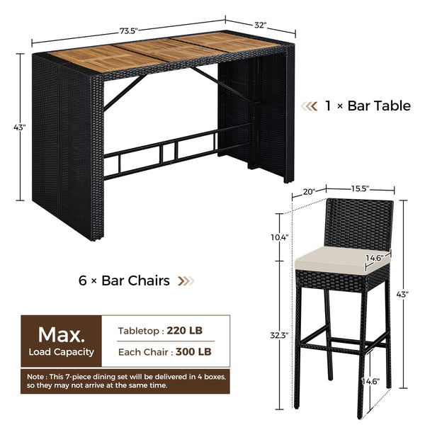 7-Piece Outdoor Wicker Bar Set with Acacia Wood Table