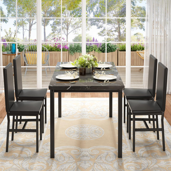 5-Piece Faux Marble Dining Table Set with 4 PU Leather Chairs