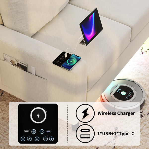 U-Shaped Sectional Sofa with LED Lights, Wireless Charging & Storage Ottomans