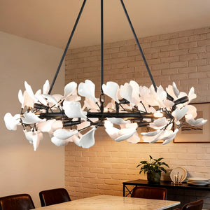 28-Light Ceramic Ginkgo Leaf Branch Chandelier – 35.5" Round Modern Pendant Light