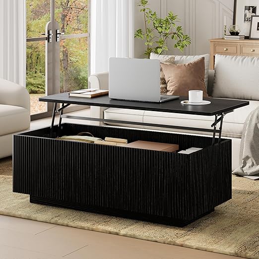 Lift-Top Coffee Table with Hidden Storage & Fluted Wood Design