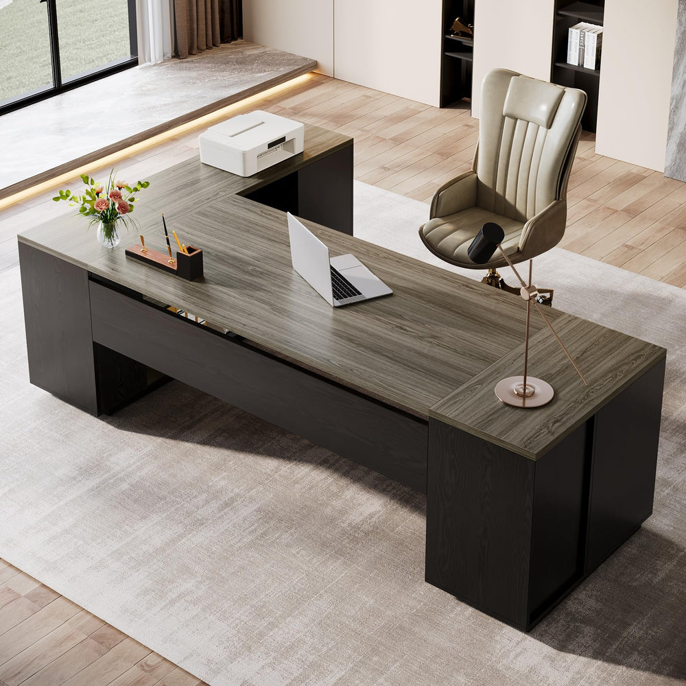 L-Shaped Executive Office Desk with File Drawers & Storage Cabinet