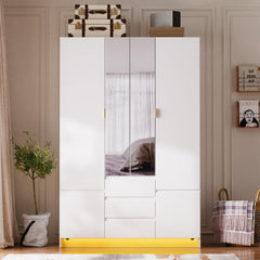4-Door Armoire Wardrobe with LED Light & Mirror