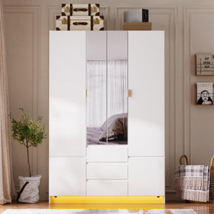4-Door Armoire Wardrobe with LED Light & Mirror