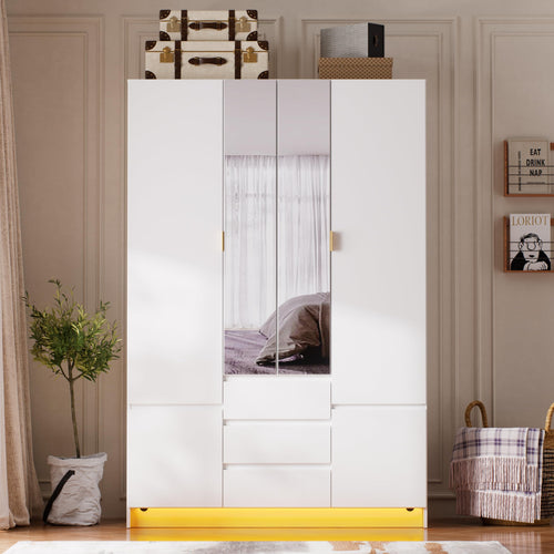 4-Door Armoire Wardrobe with LED Light & Mirror
