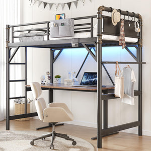 Twin Loft Bed with LED Lights & Charging Station