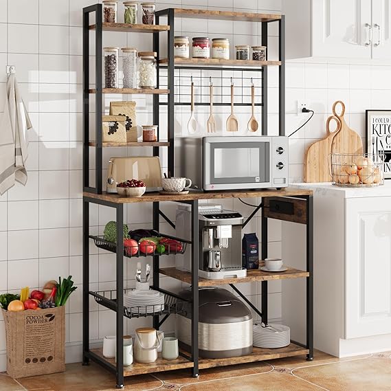 Baker's Rack with Power Outlet & Wire Basket, 7-Tier Kitchen Storage Shelf