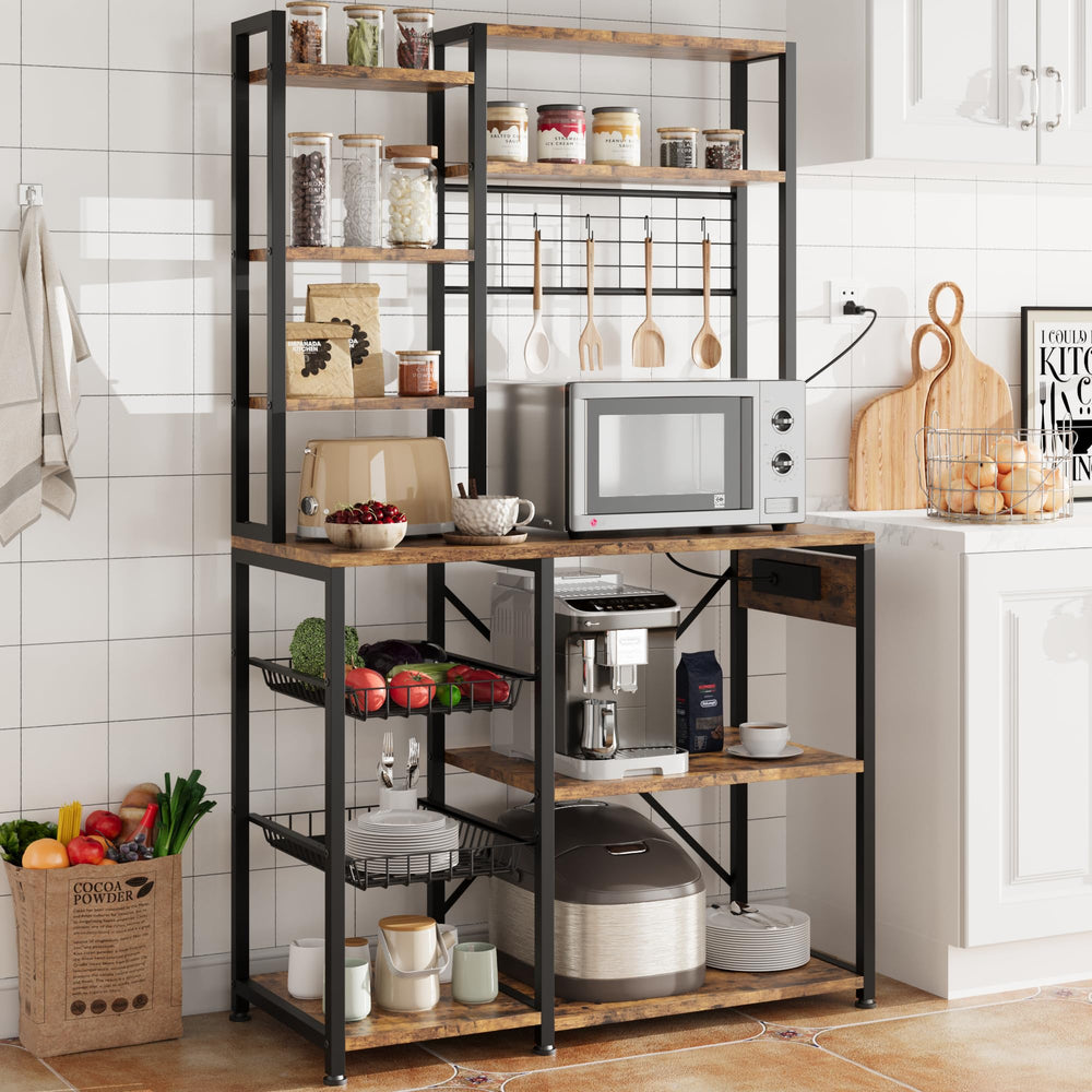 Baker's Rack with Power Outlet & Wire Basket, 7-Tier Kitchen Storage Shelf