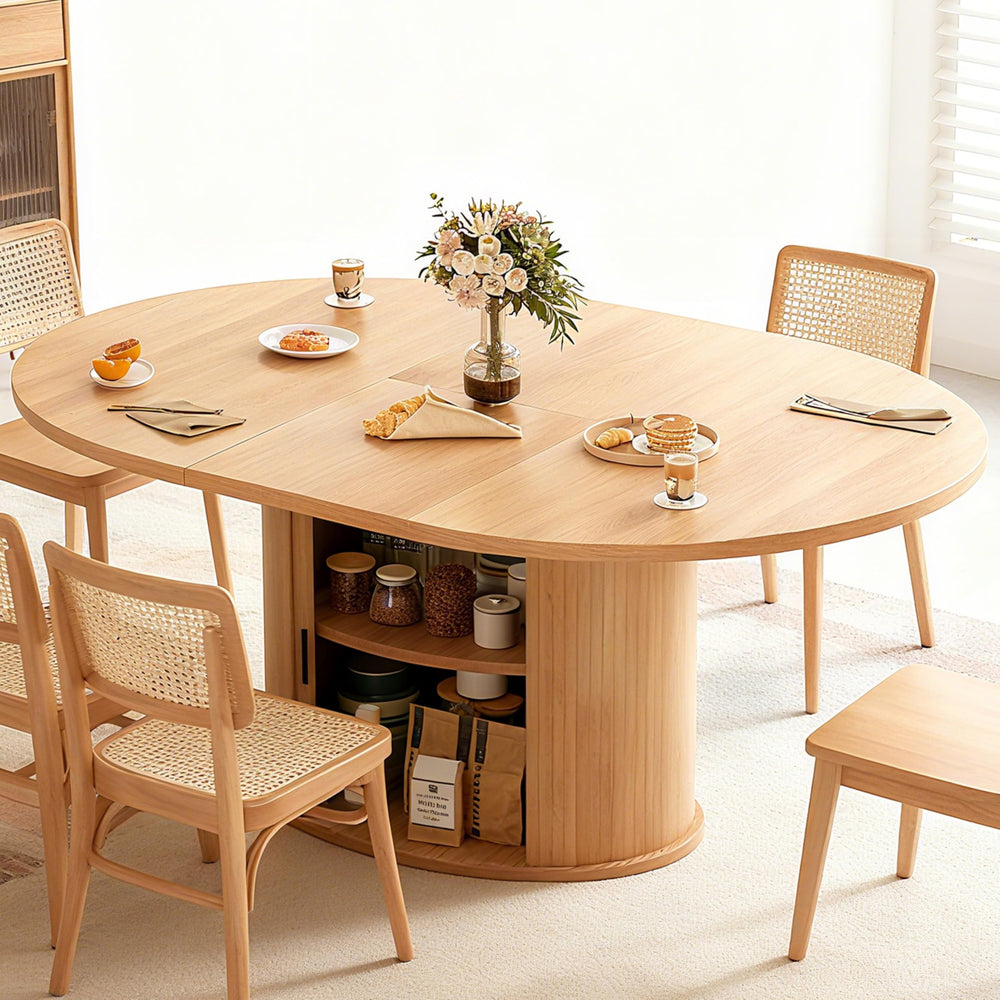63 Inch Extendable Round Dining Table with 2-Tier Storage Shelf