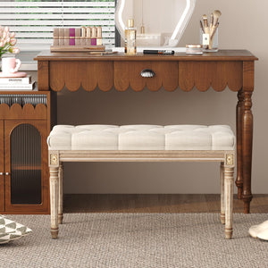 Upholstered Vanity Bench with Button Tufting & Carved Wood Legs