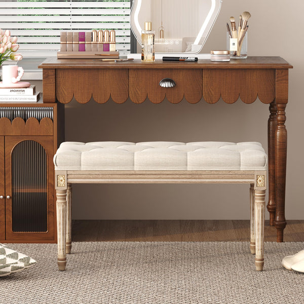 Upholstered Vanity Bench with Button Tufting & Carved Wood Legs