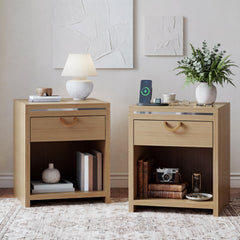 Nightstand Set of 2 with Drawer & Open Shelf, Natural Oak, 25" Tall