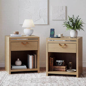 Nightstand Set of 2 with Drawer & Open Shelf, Natural Oak, 25" Tall