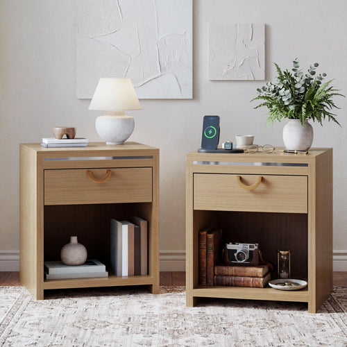 Nightstand Set of 2 with Drawer & Open Shelf, Natural Oak, 25" Tall