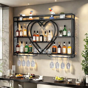 Wall Mounted Wine Rack with LED Lighting & Stemware Holder – 3-Tier Metal Bar Shelf
