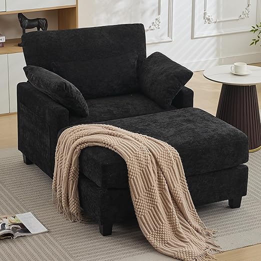 Chenille Chaise Lounge Chair with Ottoman