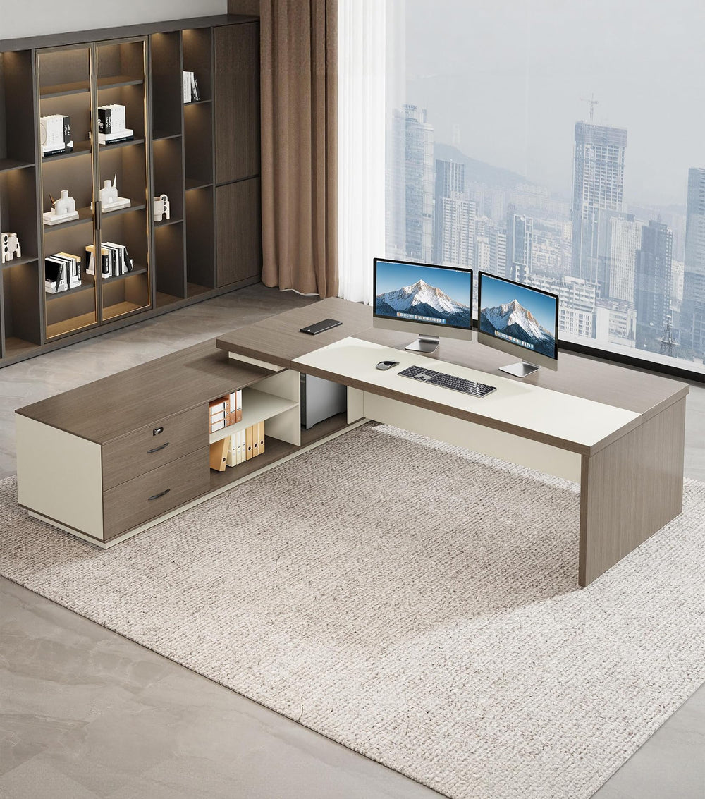 L-Shaped Executive Desk with Drawers & LED Lighting