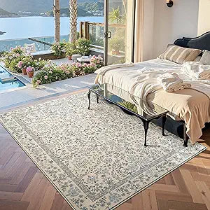 Floral Vintage Area Rug 5x7 Low Pile Machine Washable Non-Slip
