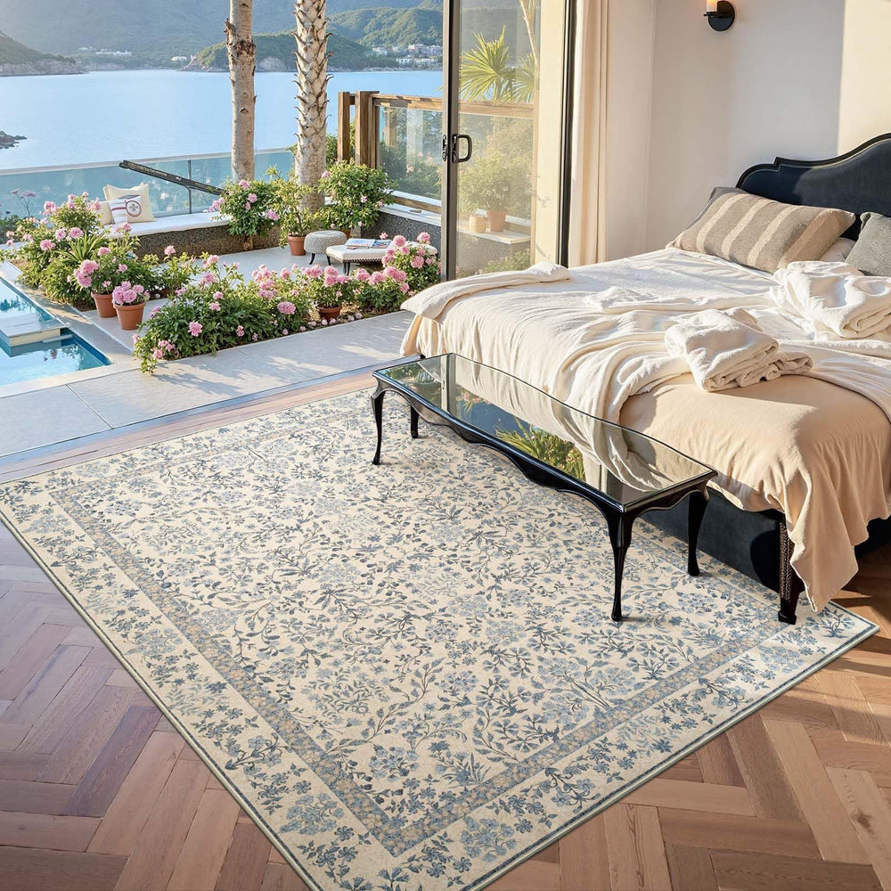Floral Vintage Area Rug 5x7 Low Pile Machine Washable Non-Slip