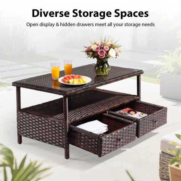 Outdoor Wicker Coffee Table with Drawers & Tempered Glass Top