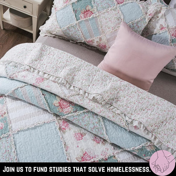 Cottage Patchwork Quilt Set – Mint Blue Pastel Floral