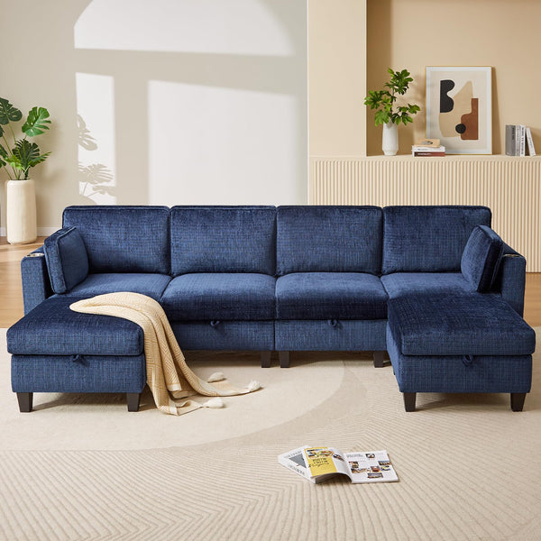 110" U-Shaped Modular Sectional Sofa with Storage & Charging