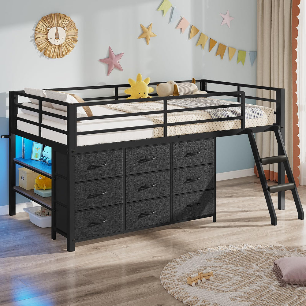Twin Low Loft Bed with 9 Storage Drawers, LED Lights & Safety Guardrail
