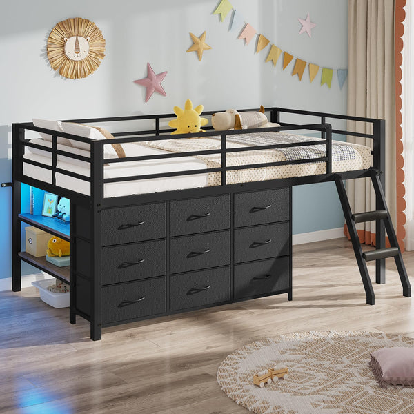 Twin Low Loft Bed with 9 Storage Drawers, LED Lights & Safety Guardrail