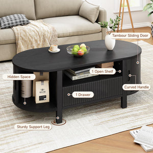 47.2" Oval Coffee Table with Storage, Drawer & Sliding Door