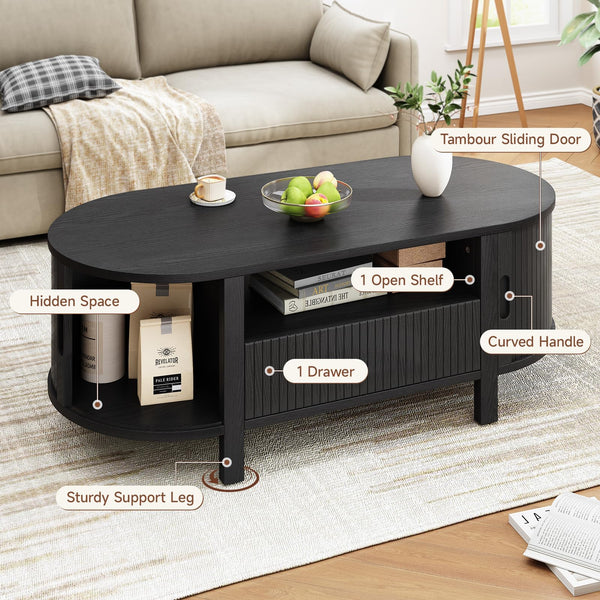 47.2" Oval Coffee Table with Storage, Drawer & Sliding Door