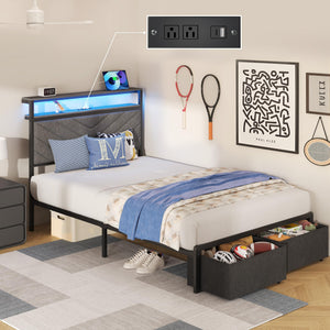 LED Storage Platform Bed with Charging Station & Upholstered Headboard