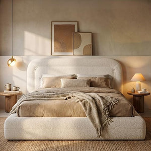 Boucle Upholstered Platform Bed Frame with Headboard