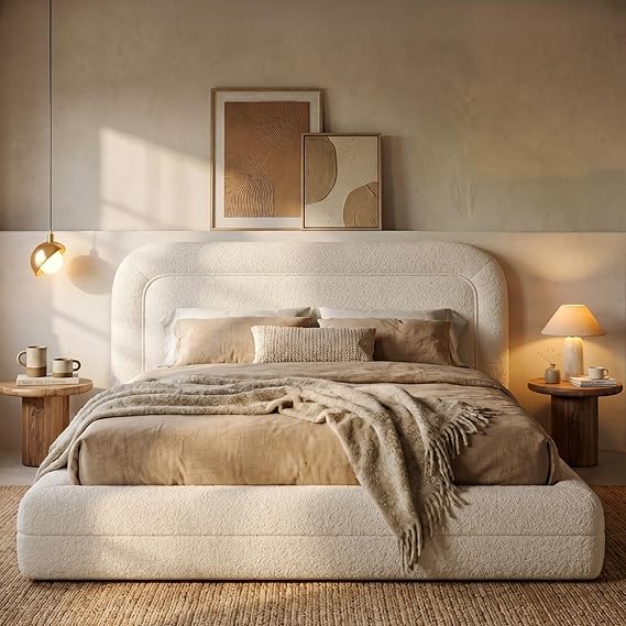 Boucle Upholstered Platform Bed Frame with Headboard