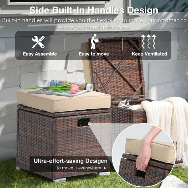 2-Piece Outdoor Patio Storage Ottomans with Cushions