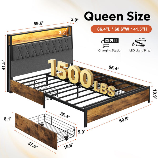 Platform Bed Frame with Storage Drawers & LED Lights