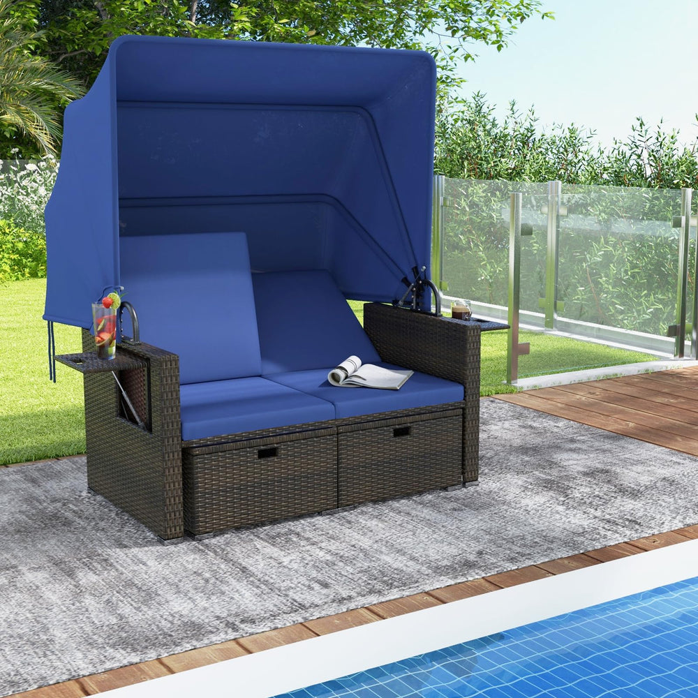 Outdoor Rattan Daybed with Retractable Canopy & Adjustable Backrests
