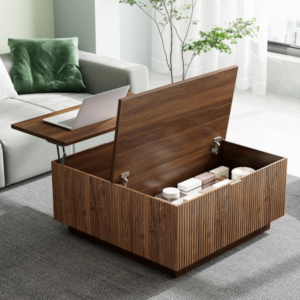 Square Lift-Top Coffee Table with Fluted Design & Hidden Storage