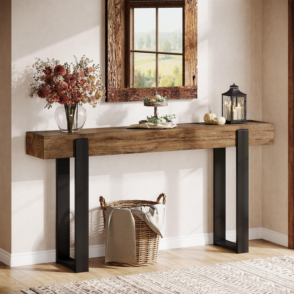 63-Inch Console Table with Solid Wood Top & Metal Legs