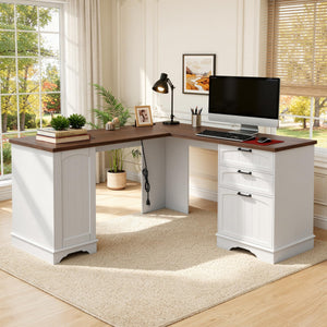 59" Farmhouse L-Shaped Desk with Power Outlets & Storage Cabinet