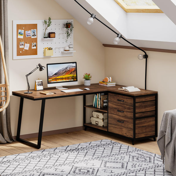 Reversible L-Shaped Computer Desk with Drawers & Shelves