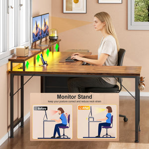 L-Shaped Computer Desk with Power Outlets, USB-C, Drawers & LED Lights – 65 Inch