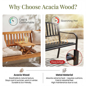 Acacia Wood Outdoor Bench with Pull-Out Center Table